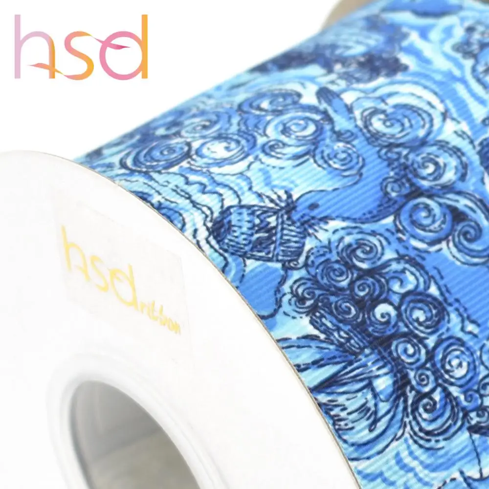 3 inch blue printing custom heat transfer grosgrain ribbon for girls hair bow