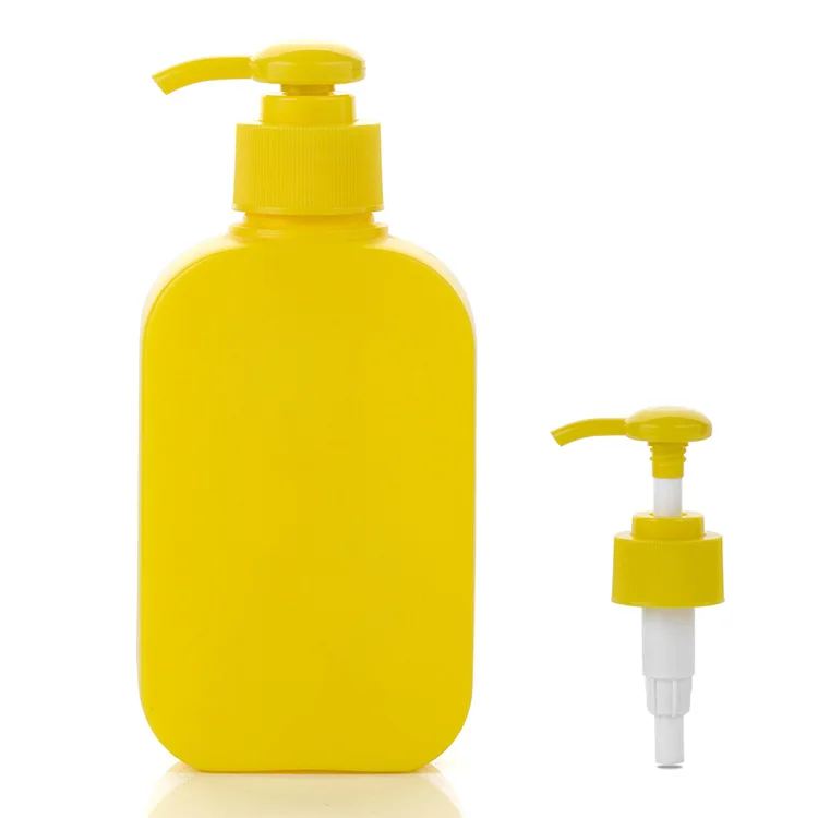250ml HDPE plastic yellow pink white lotion bottle for cosmetic with pump dispenser