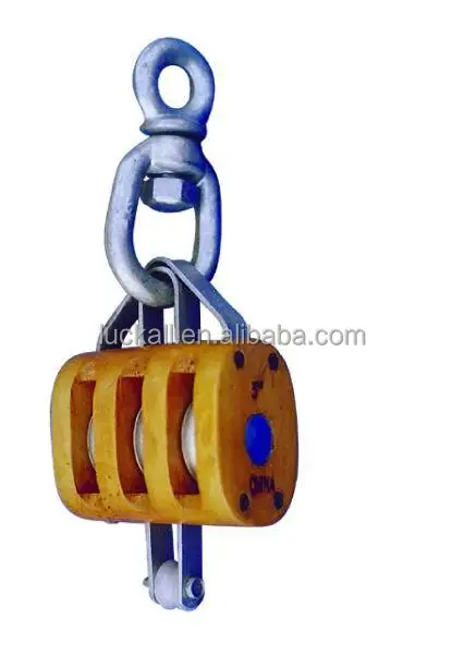 Wood Pulley Blocks With Eye Swivel With Three Sheave