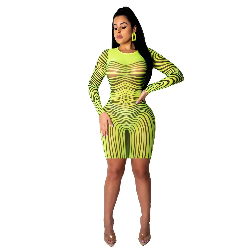 2021 Sexy women club midi dress fashionable hot mesh transparent striped print sexy dress club wear dresses women