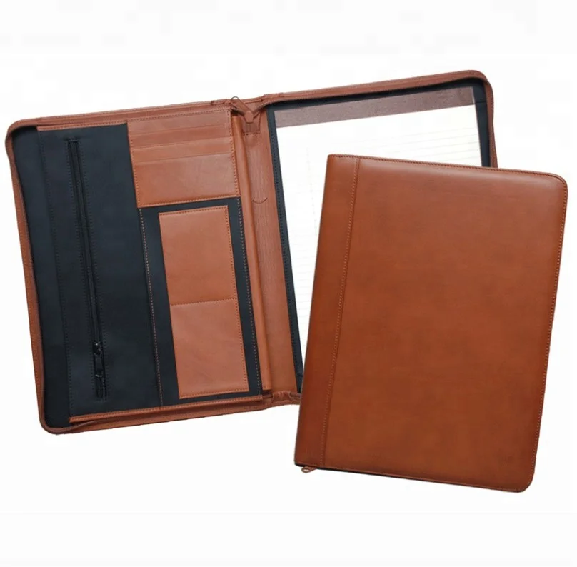 Fashion Business Document Zipper A4 PU Leather Conference Portfolio With Notepad