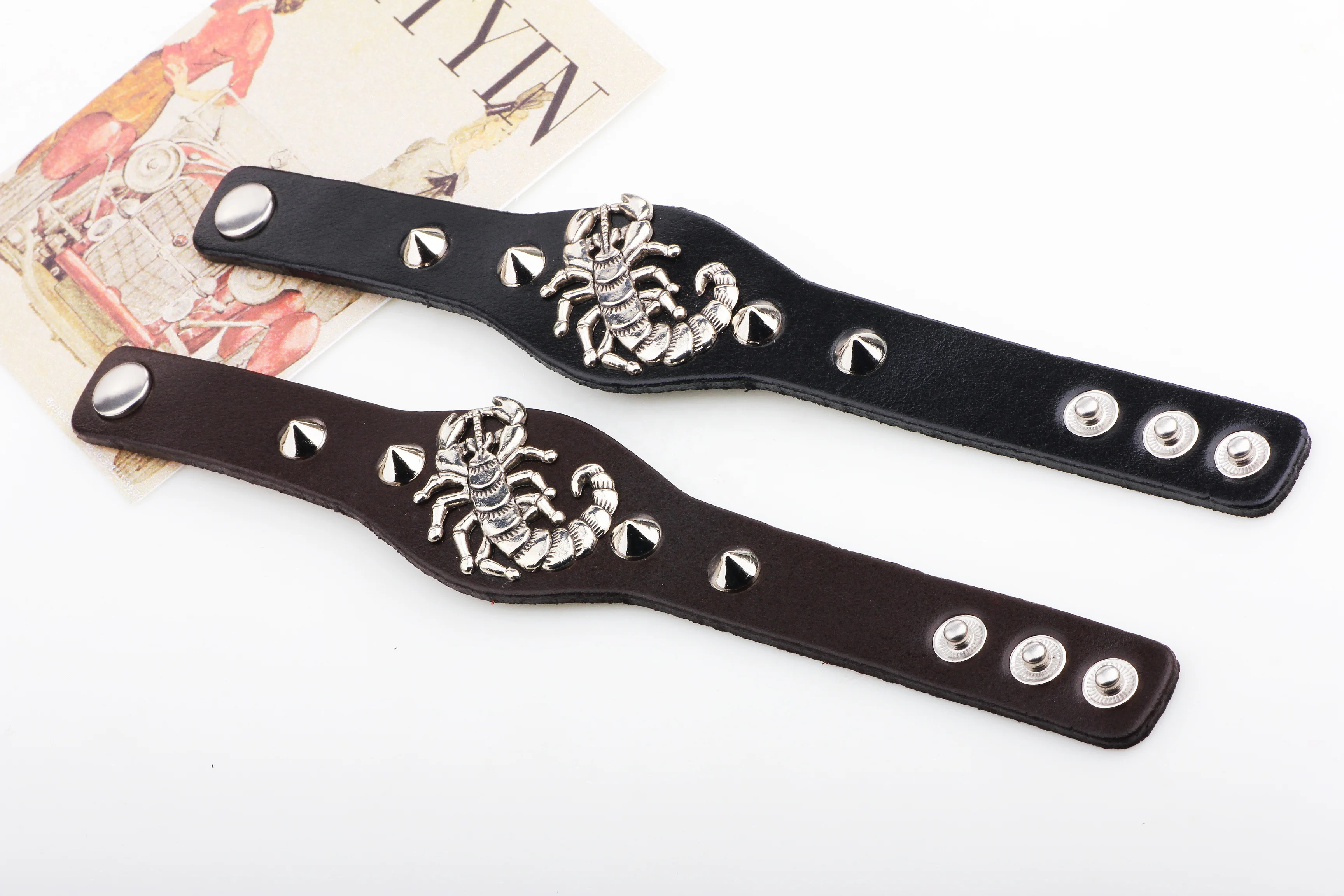 LIKA-- Scorpion Charm Sharp Rivet Studded Genuine Leather Bangle Bracelet Men,Custom Leather Bracelet