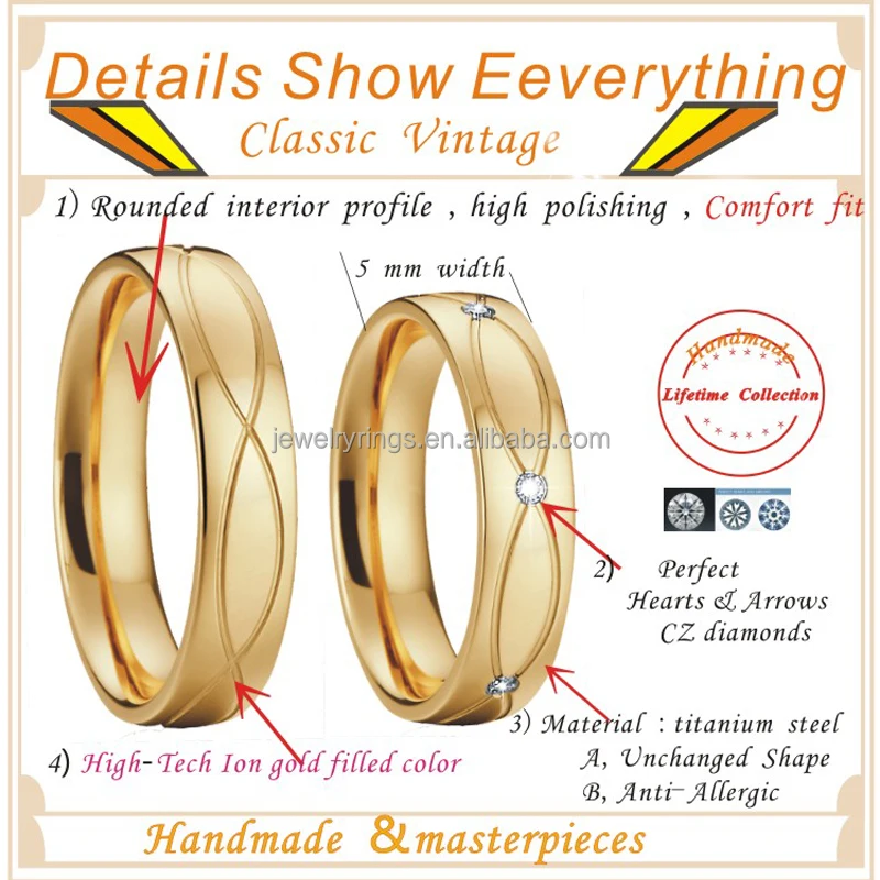 Golden Factory stainless steel ring wedding band bridal promise proposal 24k gold plated couple ring set for men and women