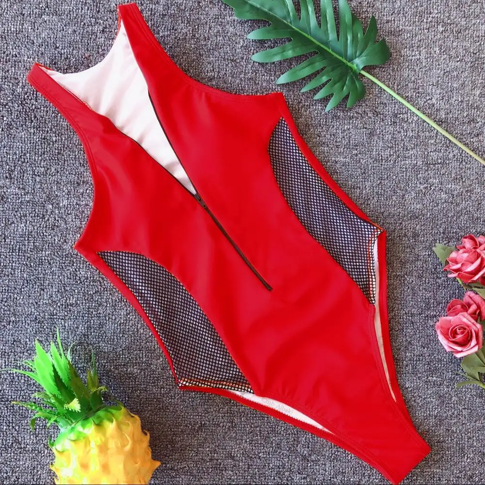 Deep V Sexy Zipper Mesh Thong Swim Suit Bathing Suits Women One Piece Swimwear