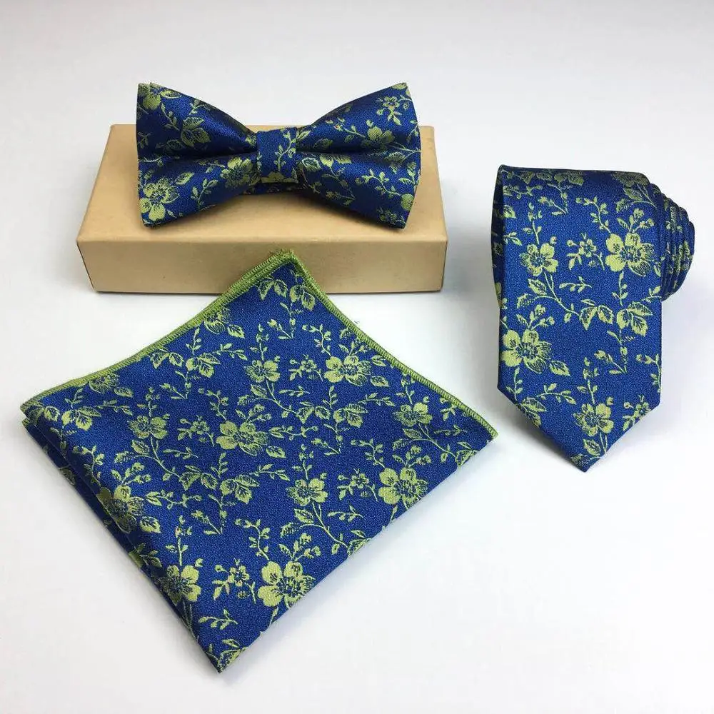 Мужском стиле полиэстровый галстук с цветочным принтом с галстуком-бабочкой и нагрудный платок комплект