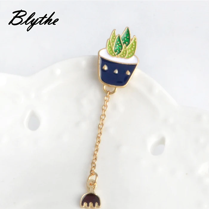 Factory Custom Green Cactus Aloe Tree Bonsai Potted Plants Brooch Women Girl Drip Pin Badge Jacket Clothes Pins