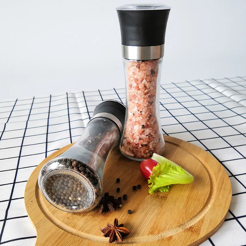 Pepper Mill with Adjustable Coarseness, Ceramic Pepper Grinder Refillable, Glass Spice & Sea Salt Shaker with Stand