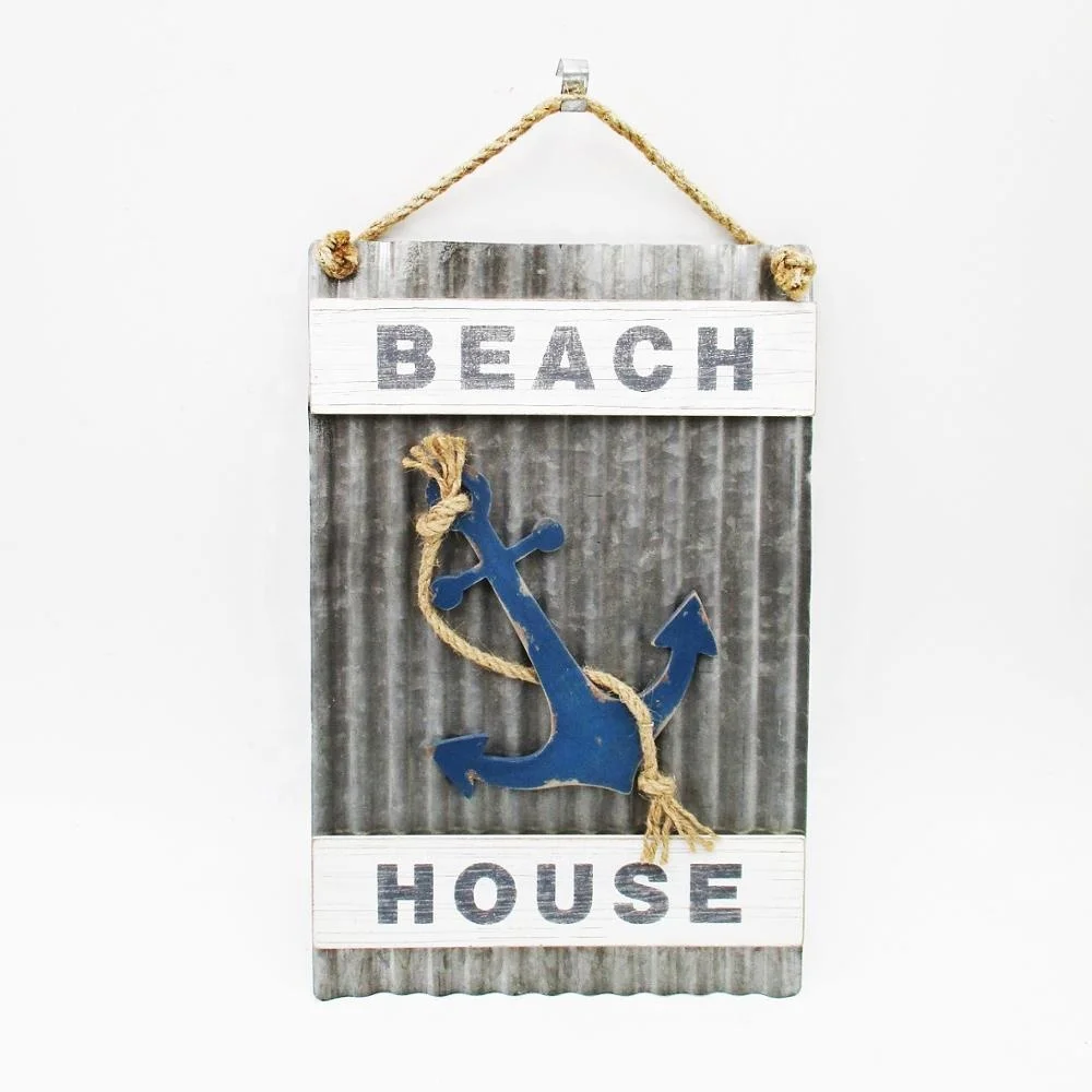 High Quality Nautical Rustic Drop in Anchor Metal Wall Hanging Decoration with Burlap Strings and Beach House Sign