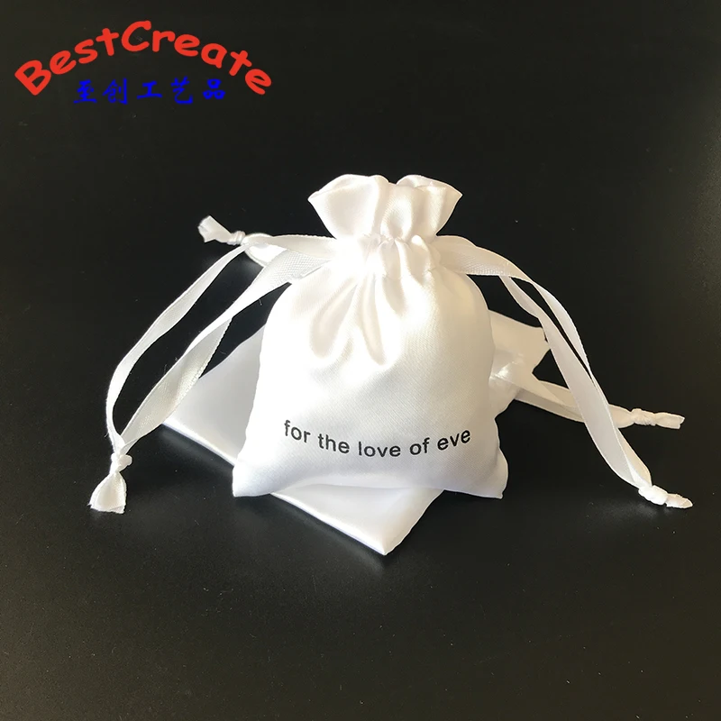 Custom Logo Printing white small drawstring satin wedding gift bags
