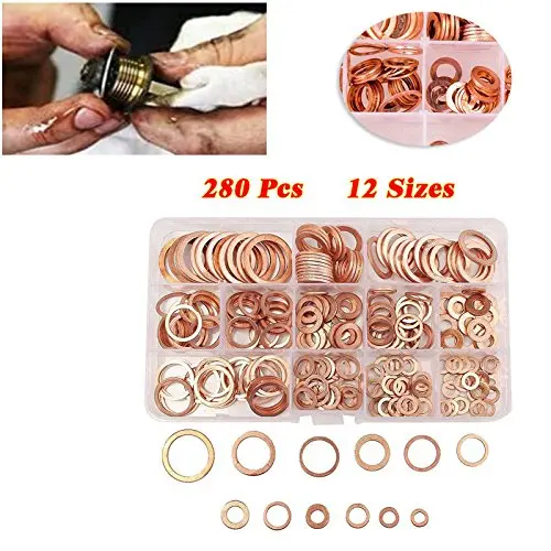 280PCS 12 Sizes Solid Copper Crush Washers Seal Flat Ring Set with Box Universal