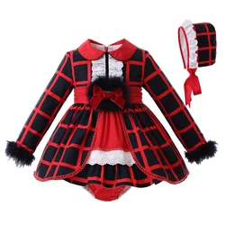 OEM 2021 Clothing Sets Baby Girls Plaid Baby Girl Princess Dresses with Bonnet 3 Pieces Set Baby Girls Party Wear Dress