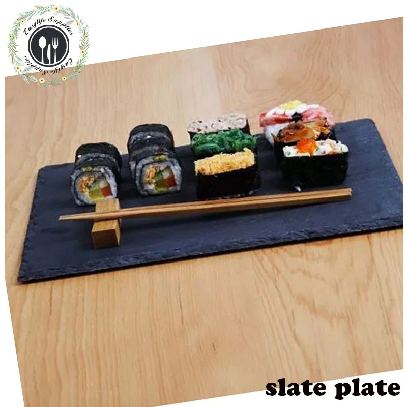 large rectangle square black natural slate table servingplace mats placemats tray steak dinner plate