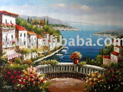 mediterranean oil paintings,Med oil painting,coastal Garden oil painting