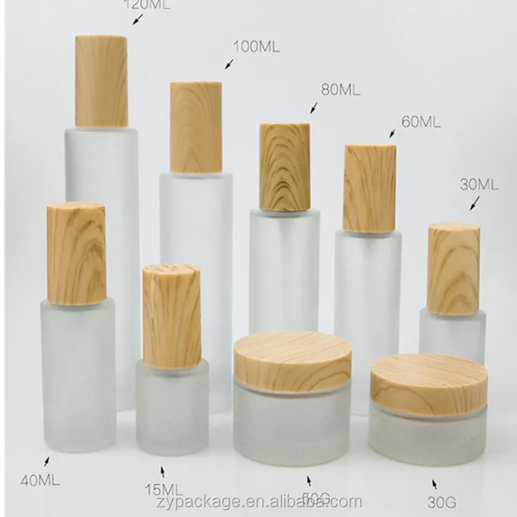 30ml 40ml 60ml 80ml 100ml 120ml Cosmetic Glass Bottles set wooden cap bottle 30g 50g glass jar/container with bamboo lid