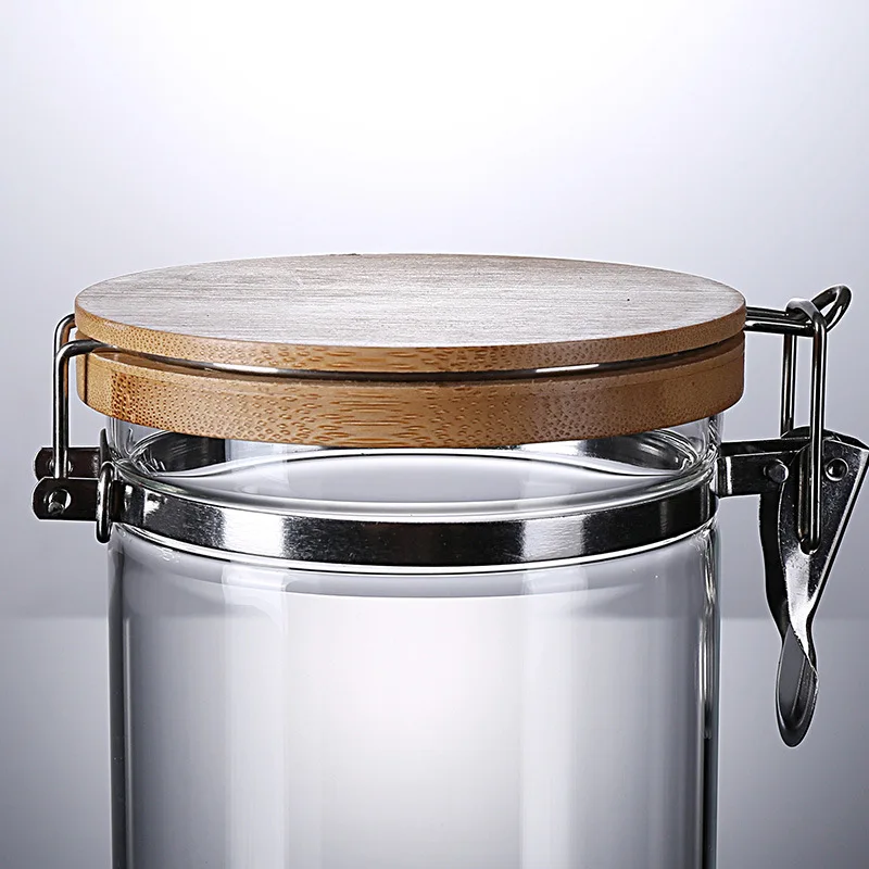 Clear Borosilicate Glass Food Storage Jar Canister with Airtight steel  buckle Locking Clamp Bamboo Lids