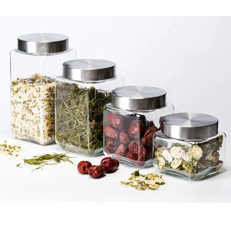 Embossed pattern square shape decorative glass flint candy jar