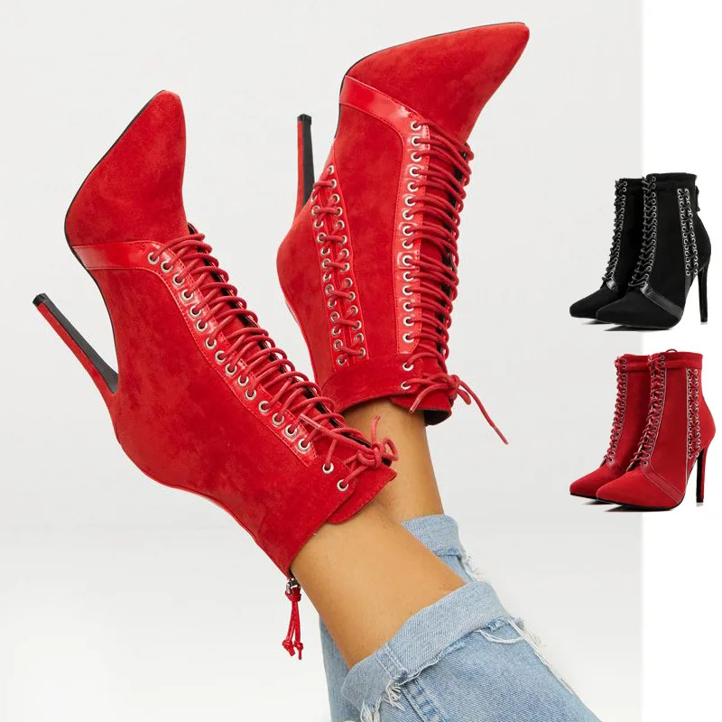 CSB23 2019 Women pointed toe tie up ankle boots thin high heel shoes for women and ladies