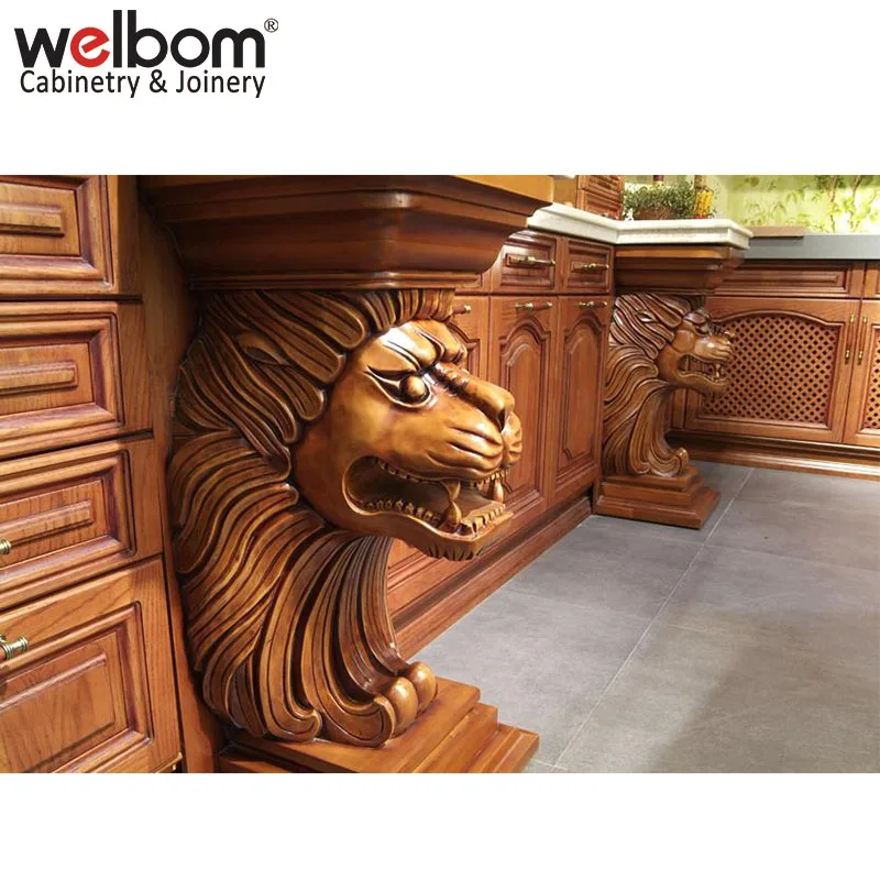 European New Carving Red Solid Wood Kitchen Cabinet