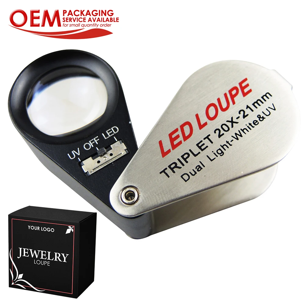 Handheld 20x magnifying glass Magnification +LED & UV light Jeweler Loupe Magnifier 21mm lens(OEM packaging available)