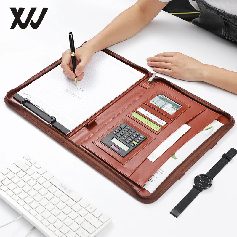 A4 luxury multifunction PU portfolio file case custom logo manager file folder with handle and zipper calculator