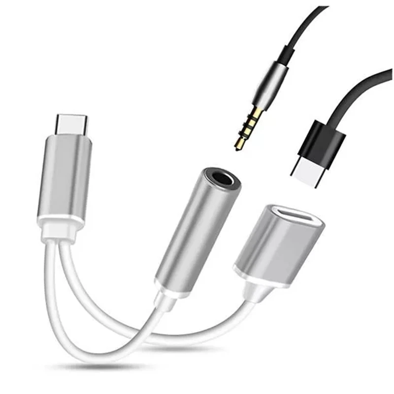 2 in 1 USB 3.1 Type-C Charger 3.5 mm Audio Headphone Jack Adapter Cable - Silver