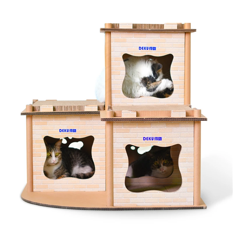 DEKU luxury  house Shape cat tower  flat package corrugated cardboard cat scratcher with free catnip manufacturer offer OME