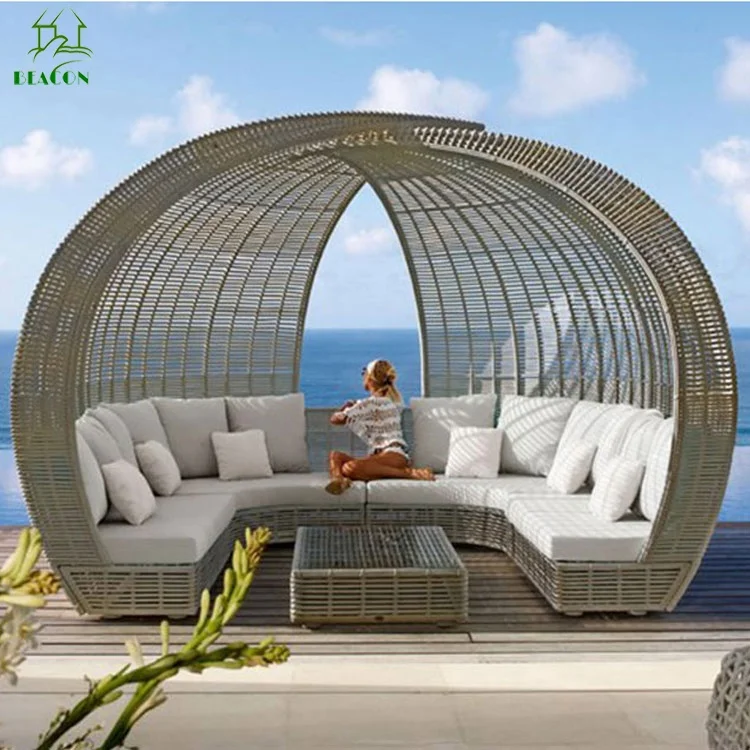 Outdoor Rattan daybed wicker furniture garden sunbed with canopy beach lounge