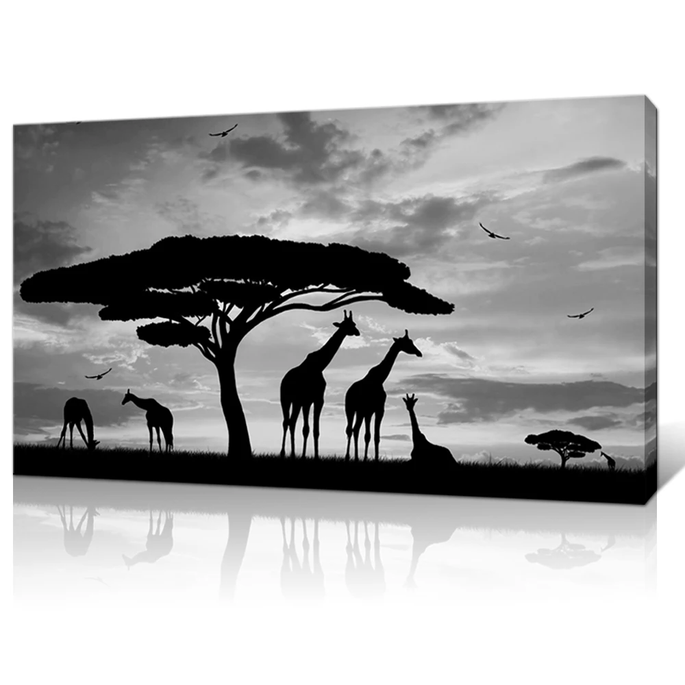 Animal Canvas Wall Art Giraffe Family under a Tree Painting Print Black and White Landscape Artwork Picture for Modern