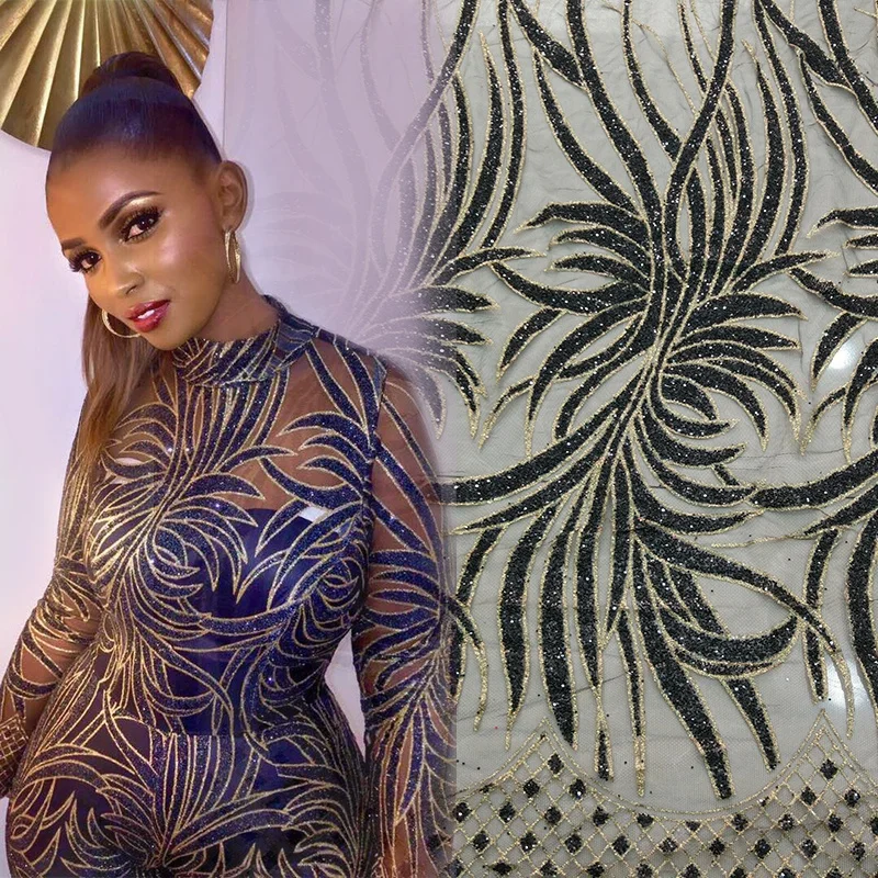 Hot Sale Luxury Shiny Black Glitter Bridal Sugar Lace Fabric For Beauty Wedding Party Dress Sequins African Champagne Tulle Mesh