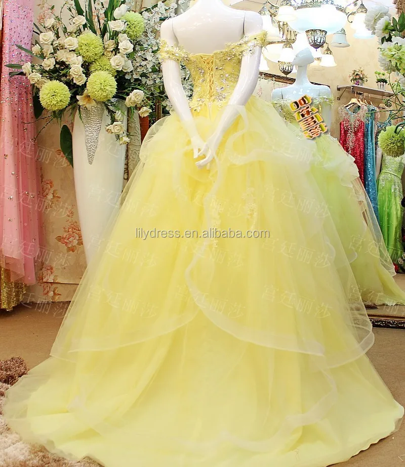 Colored Ladies Off Shoulder Floor Length Custom Made Formal Bridal Gowns Design HS326 yellow wedding dress
