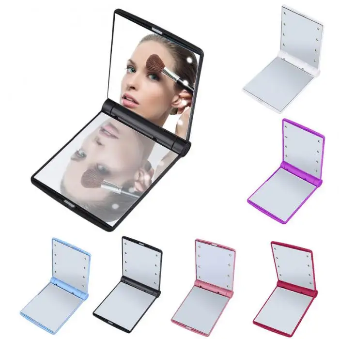 Women Foldable Makeup Mirrors Lady Cosmetic Hand Folding Portable Compact Pocket Mirror 8 LED Lights Lamps