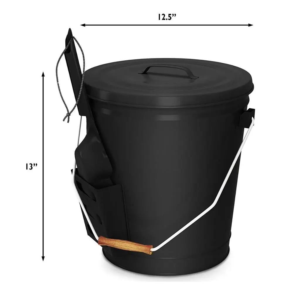 Black Ash Bucket with Lid and Shovel For Fireplace