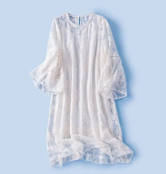 new fashion Round neck Sexy Lace embroidery pure silk dress