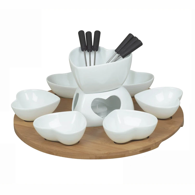 New arrival modern restaurant white ceramic chocolate fondue pot set with bamboo base