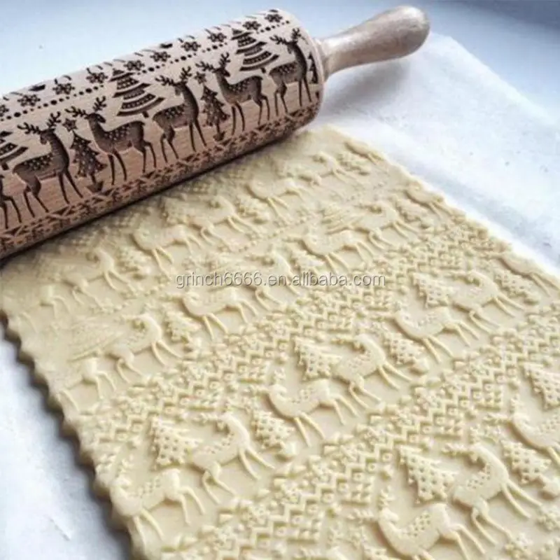 Christmas Reindeer Dog Cat Star Embossing Rolling Pin Baking Cookies Biscuit Fondant Cake Dough Engraved Roller