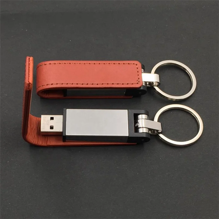 Wholesale custom business gift high grade  leather  usb flash drive with keychain