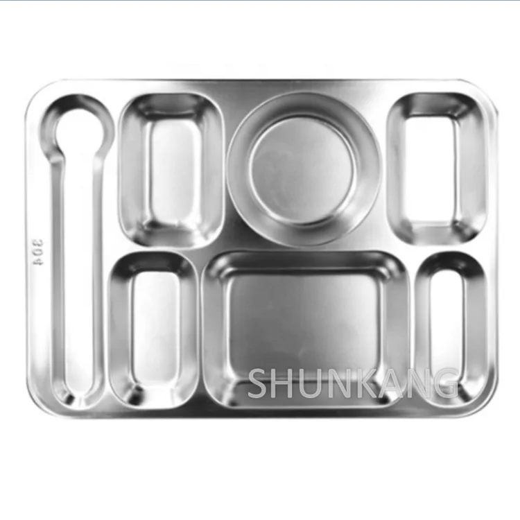 School Canteen Stainless Steel Seven Compartments square lunch tray fast food plate