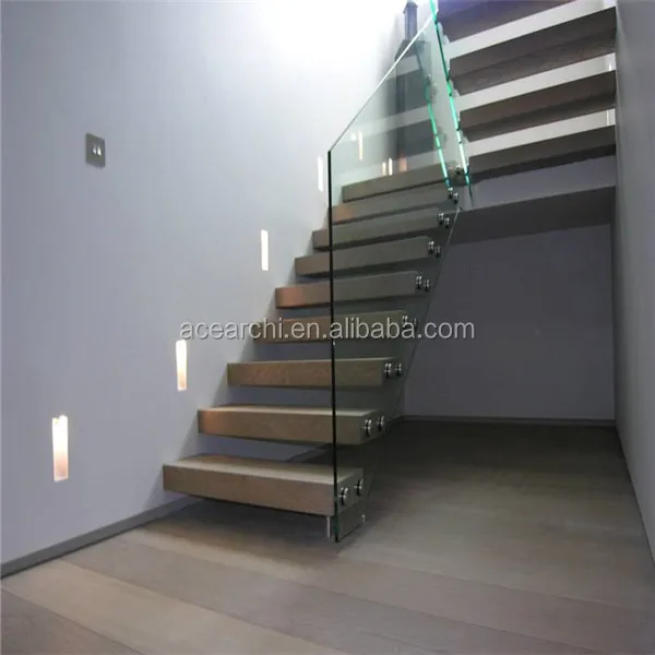 Indoor Solid Wood Floating Staircase Handle with Glass Railing