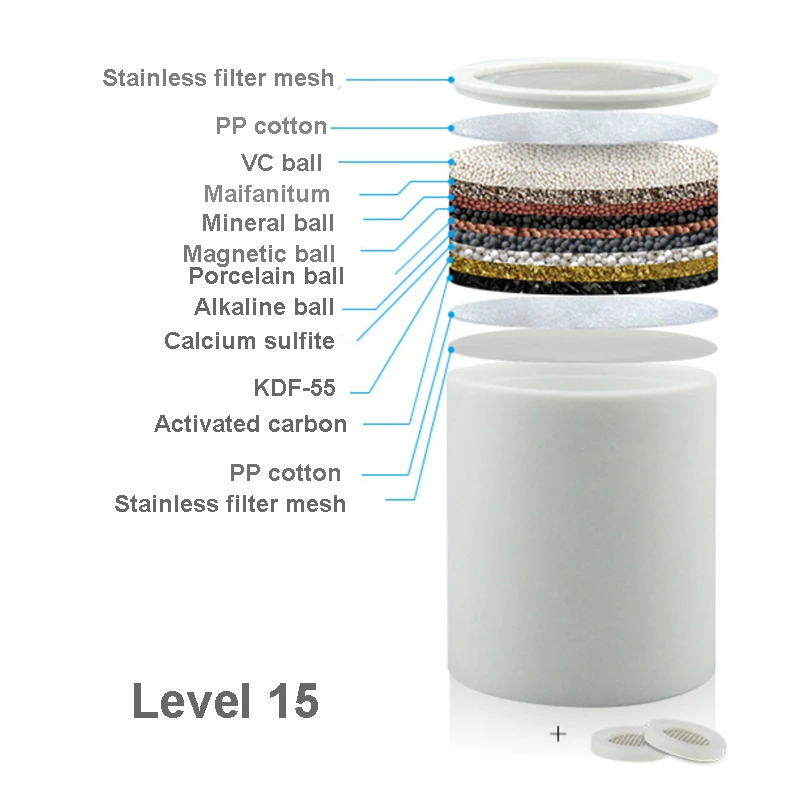 High quality 15 stages water shower filter universal chlorine removing filters with carbon KDF  filter replacement cartridge