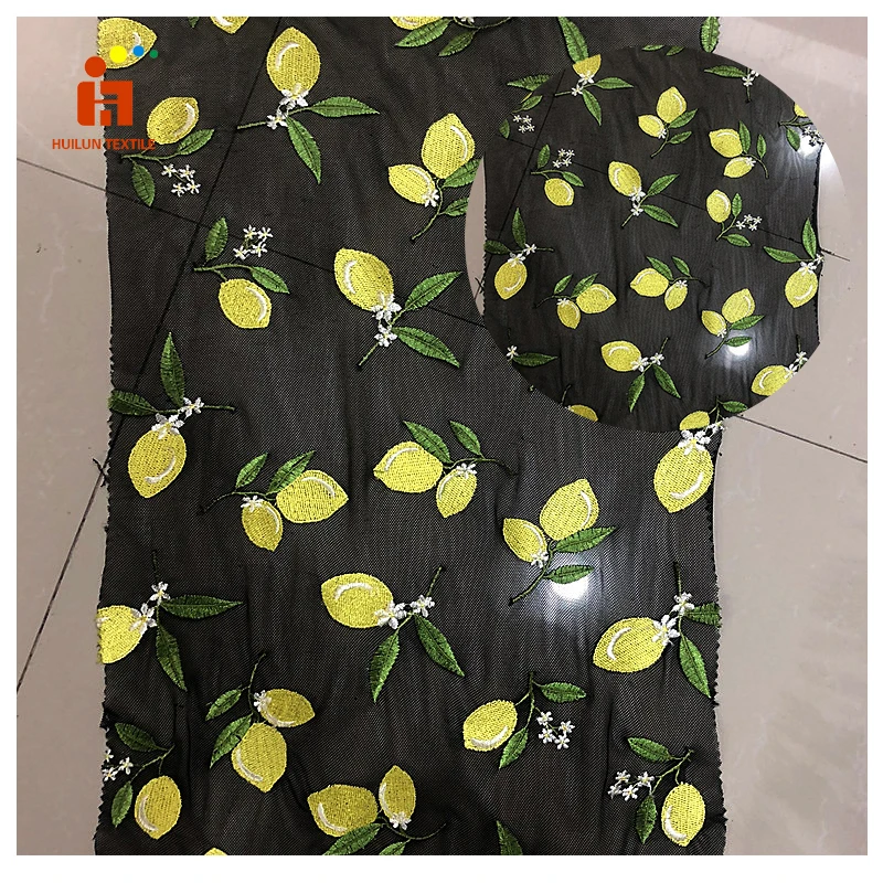 lemon design multi color flat embroidery stretched mesh fabric for lady dress