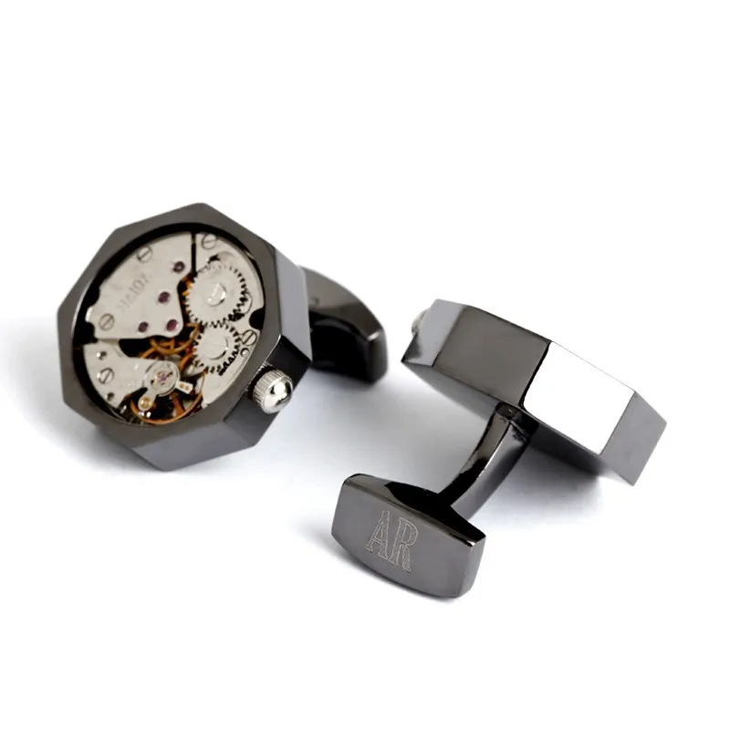 Steampunk mechanical Watch Cufflinks 3D Gunmetal Black Clockwork movements Cuff Links Man Jewelry Wedding Gift