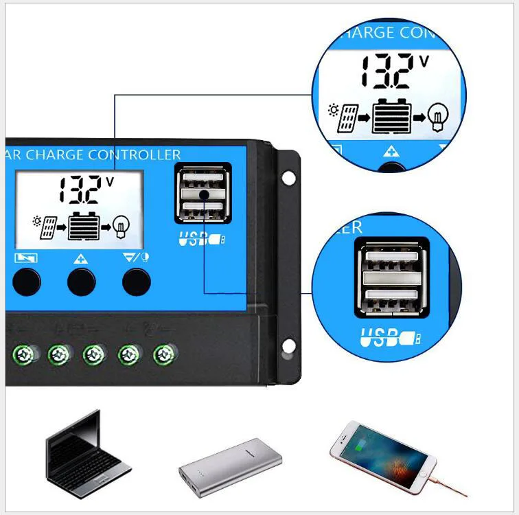 60A/50A/40A/30A/20A/10A 12V 24V Auto Solar Charge Controller PWM With LCD Dual USB 5V Output Solar Cell Panel Regulator PV Home