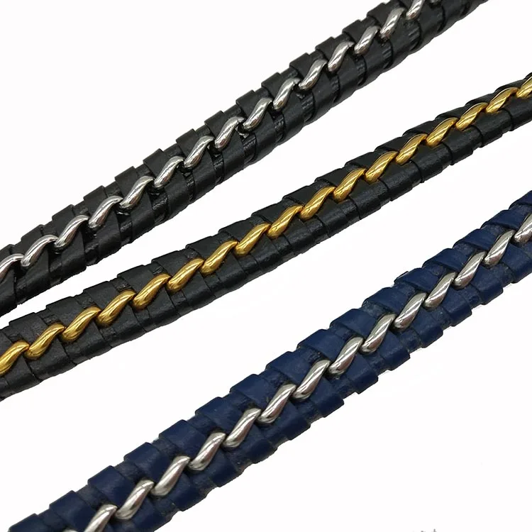 Flat leather cord bracelet jewelry findings leather rope with stainless steel chain