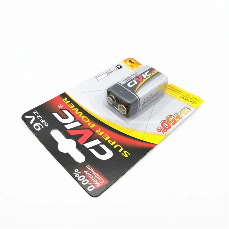 1.5V 6F22 9V Battery Zinc Carbon for Flashlight Blister Card Civic 26 Hours