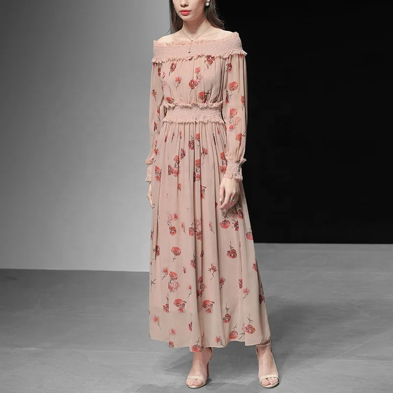 OEM Top Quality Womens Boat Neck Elastic Shoulder Chiffon Printing Long Dress