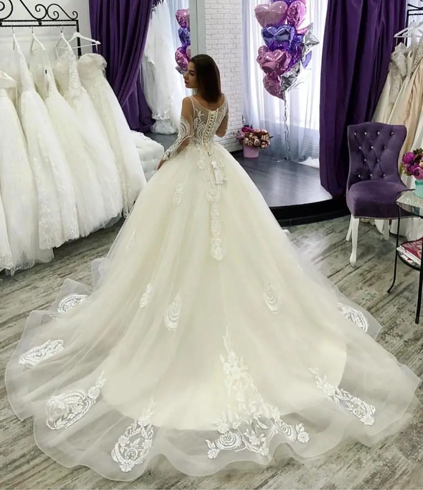 Elegant Tulle Corset Long Sleeve Bridal Ball Gown Wedding Dresses