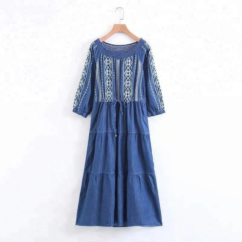 D&S factory dropshipping stretch denim embroidered dress frock knee length women dresses