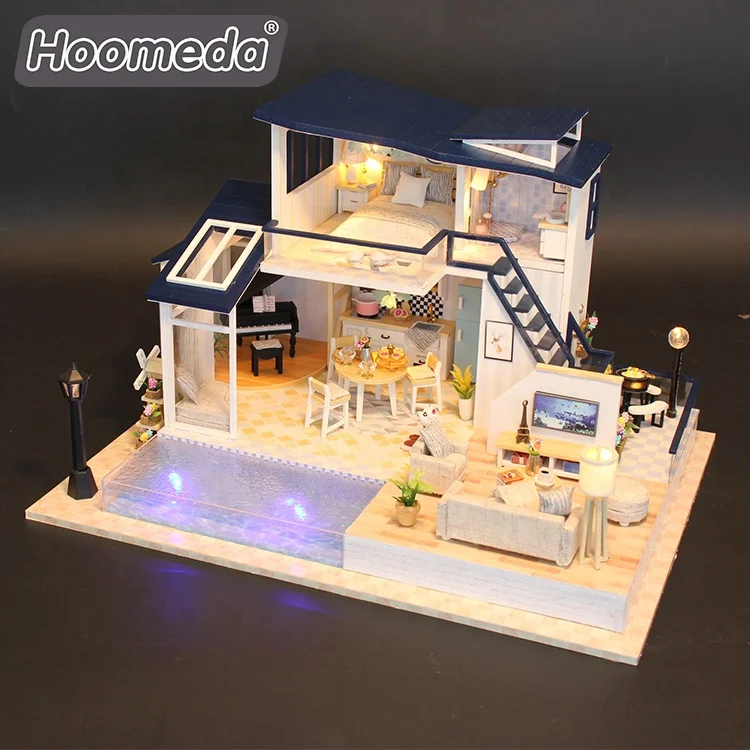 Hoomeda craft wooden doll house diy miniature Dollhouse with led light