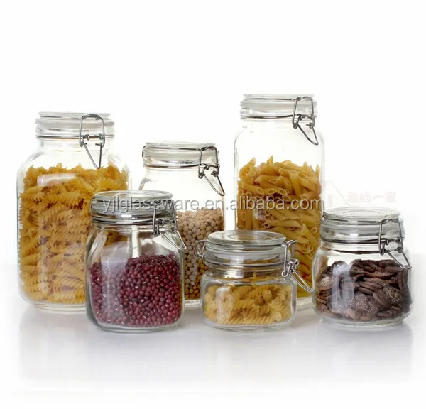 Available different sizes food grade glass storage jars with airtight locking clamp lid glass storage jars with clip lids