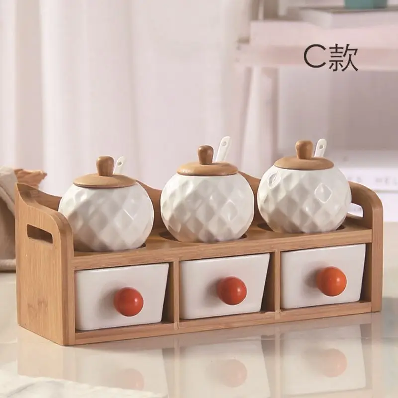  Кухонные аксессуары для приправ керамическая многокамерная банка специй с деревянной крышкой и подставкой